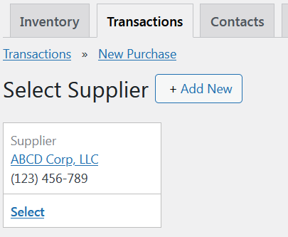 Select or create a purchase supplier record